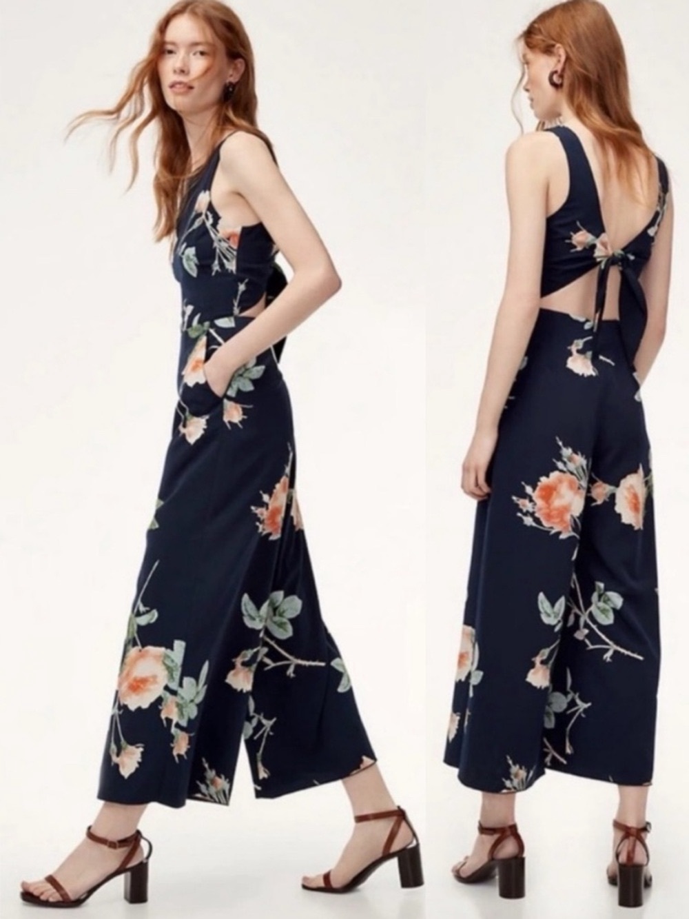 Aritzia Wilfred Ecoulement Floral Wide Leg Jumpsuit Navy Blue Pink White Size 4